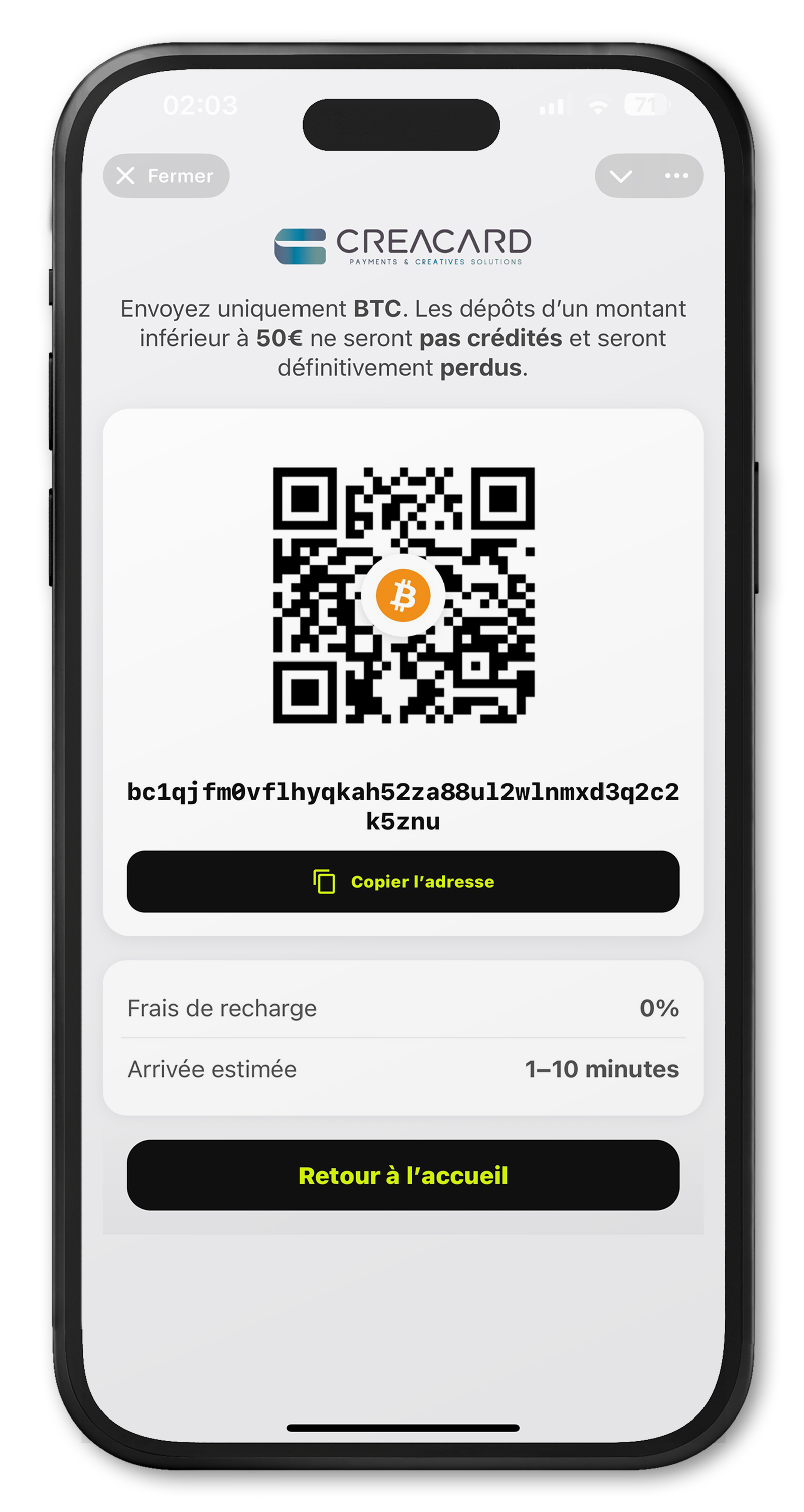 Écran de recharge crypto/fiat dans l’application